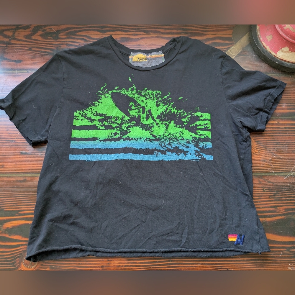 Aviator Nation Women’s Crop Graphic T-Shirt Black Surf Print Size XL Made in USA